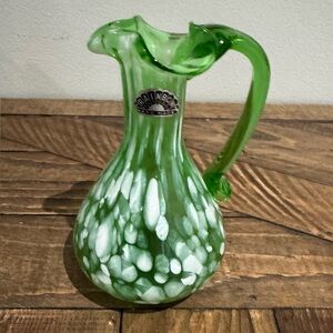 Vintage Rainbow Green Blown Glass White Spatterware Speckled Pitcher 5"